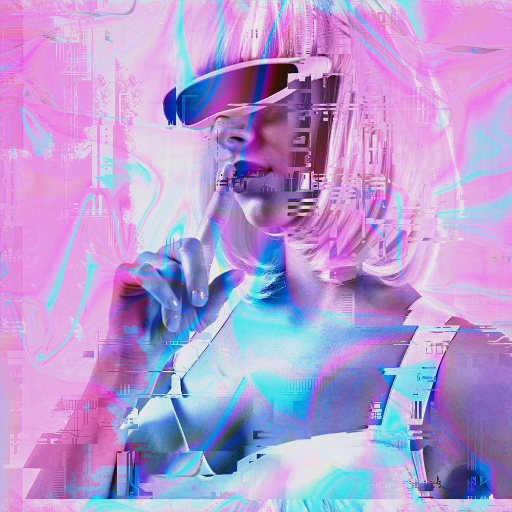 Processed photo of a woman wearing cyberpunk goggles.