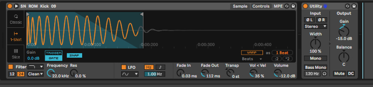 A Kick Drum sample loaded in Simpler with a Utility device afterwards.