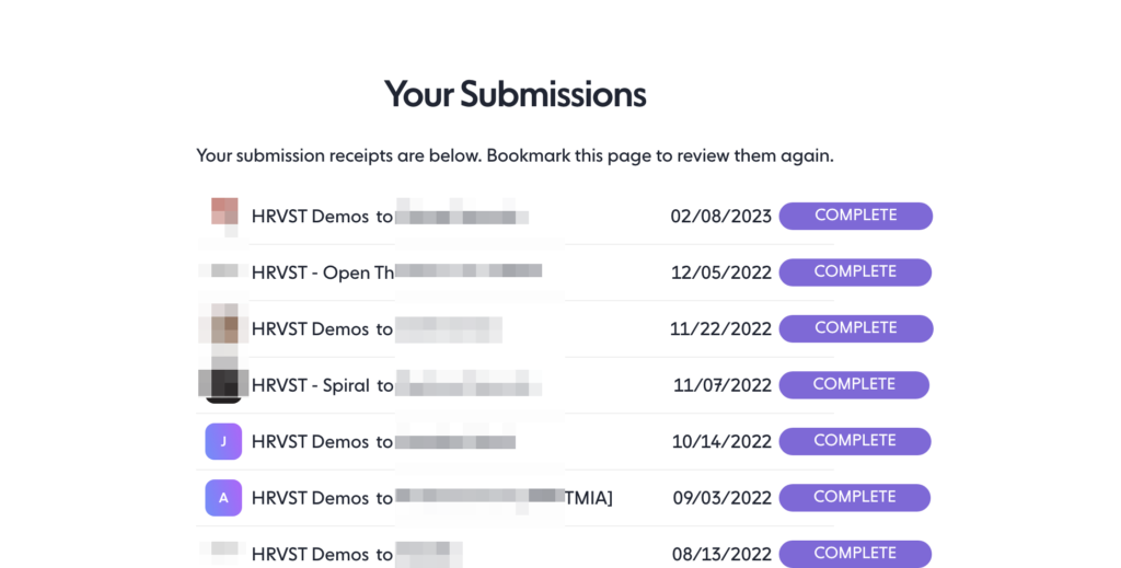 Trackstack application showing submissions for the demo box.