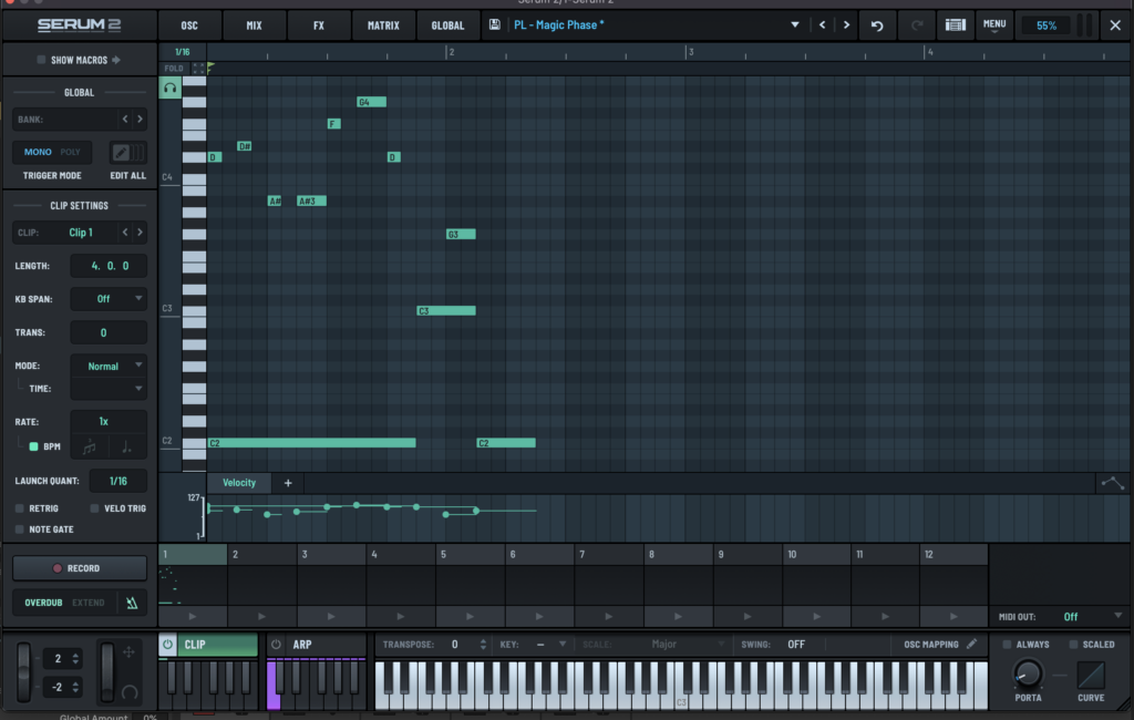 Serum 2's Clip editor and piano roll.